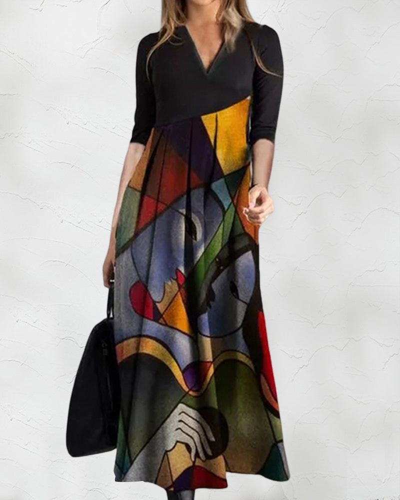 Cassellia | Abstract Print V-Neck A-Line Maxi Dress | Summer Momount