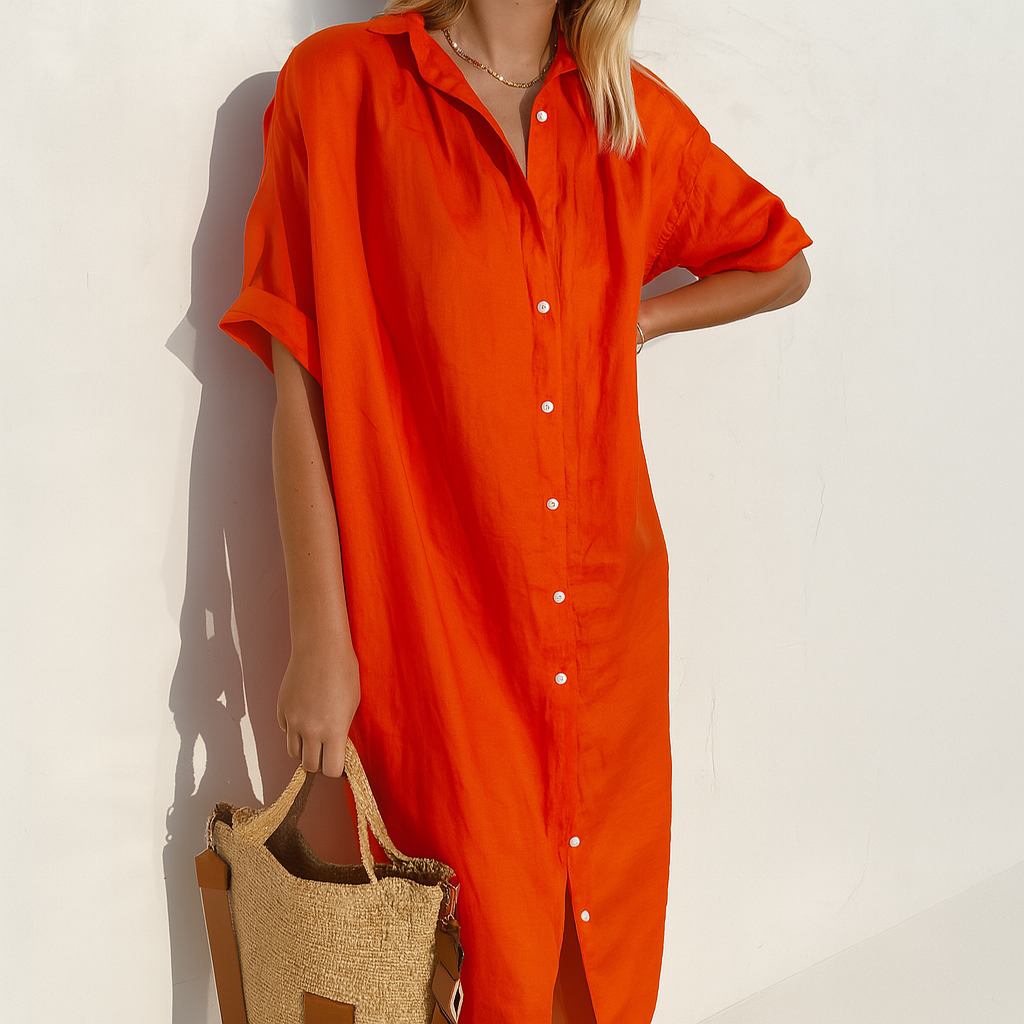 Momount Women Linen Shirt Dress – Short Sleeve Button Down Midi Relaxed