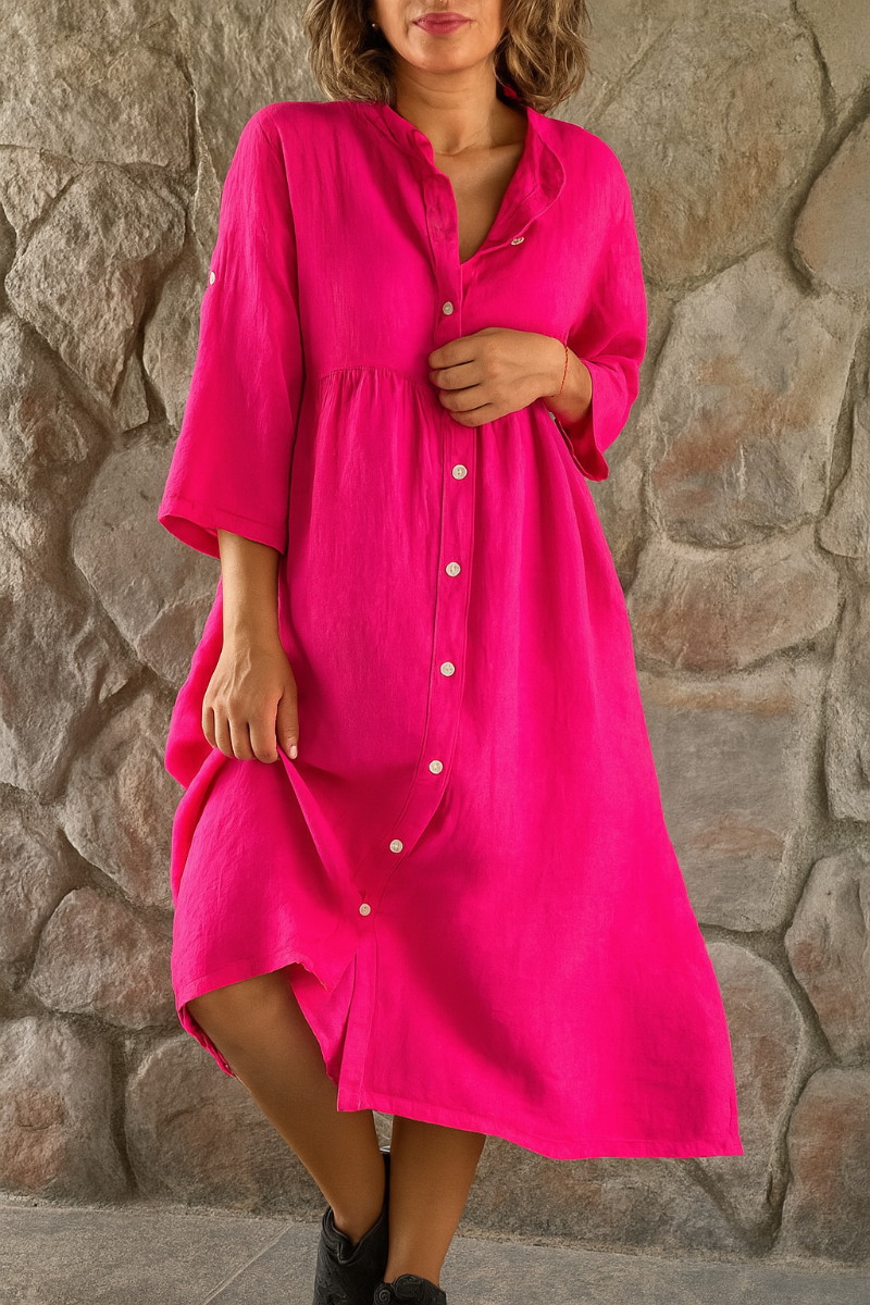 Momount Women Cotton Linen Shirt Dress – V Neck 3/4 Sleeve Relaxed