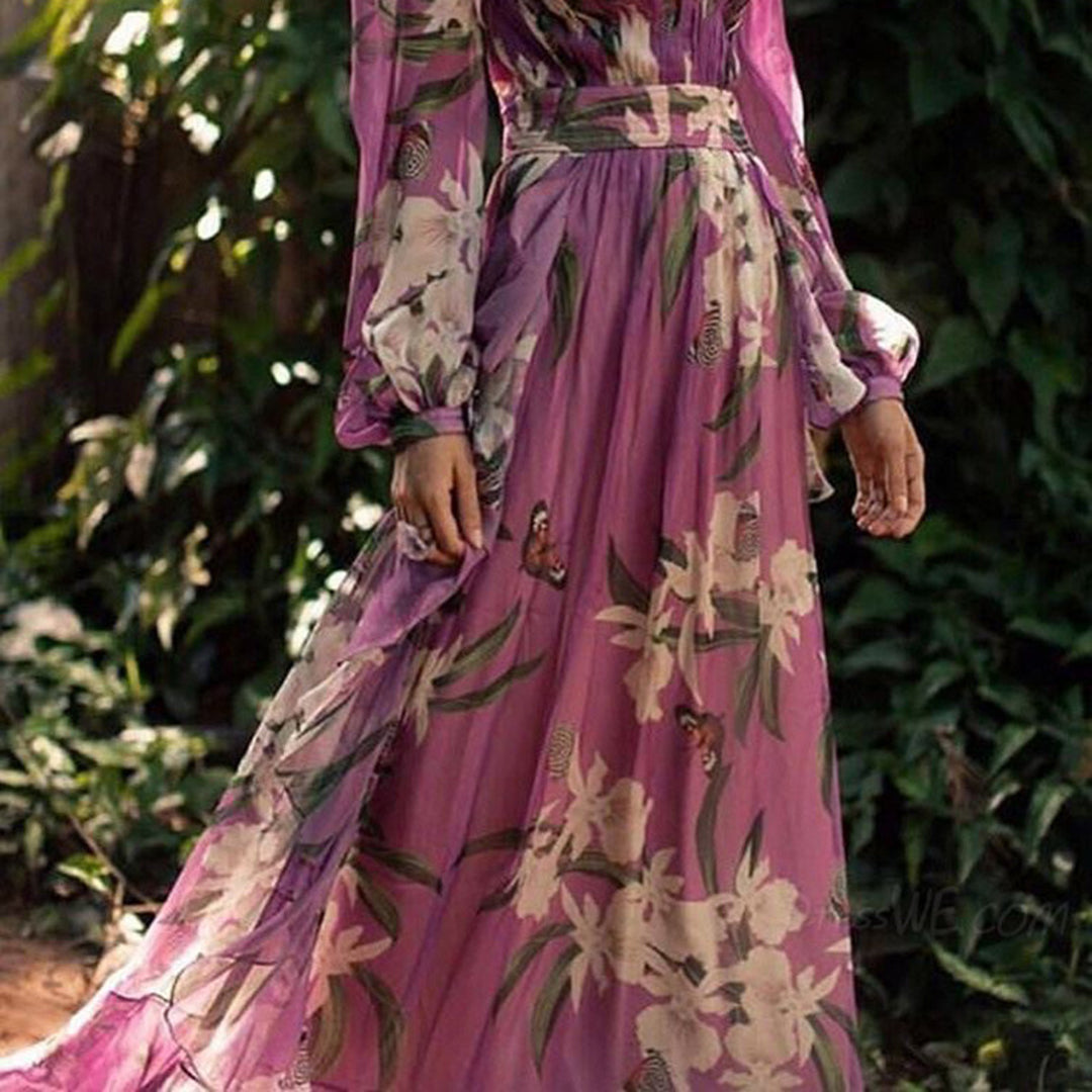 Marciana | Boho Chiffon Floral V Neck Wrap Summer Maxi Dress