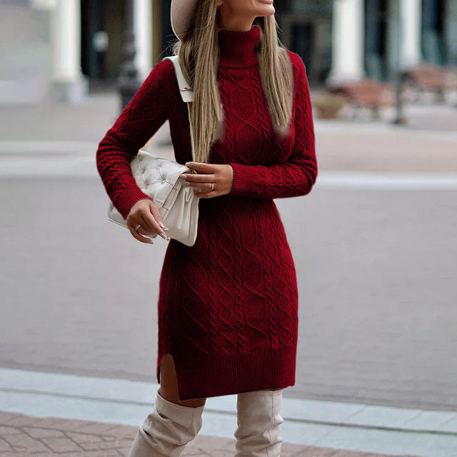 Thessalina | Vestido Midi de Punto Trenzado con Cuello Alto