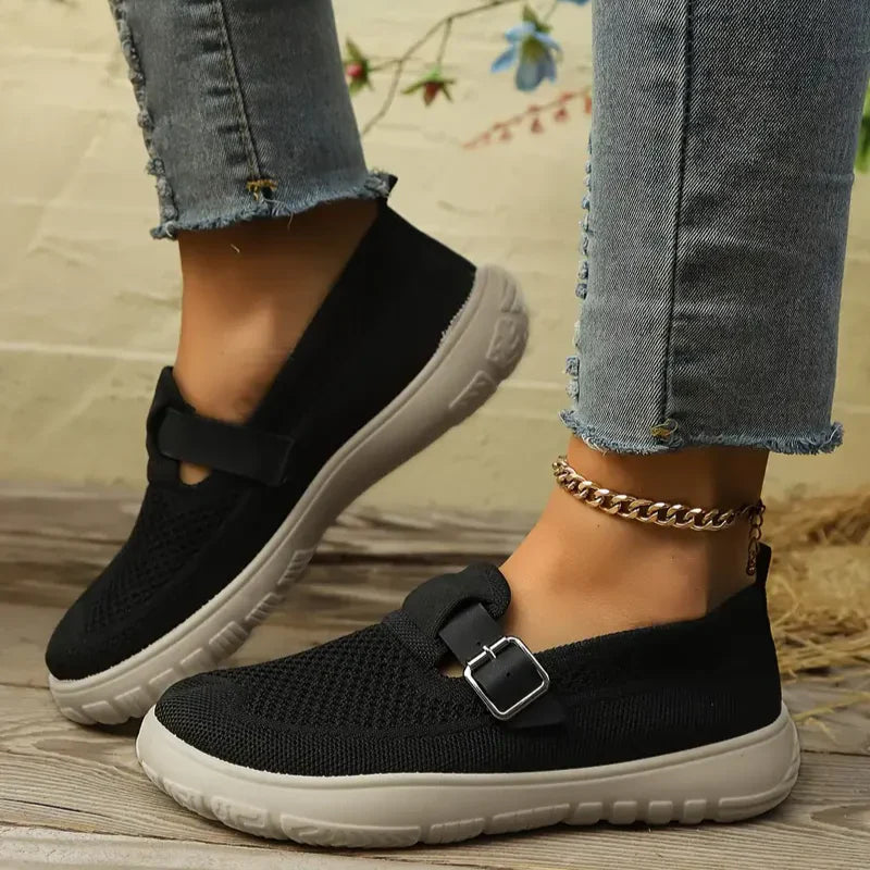 Momount Women Slip-On Sneakers – Knit Mesh Buckle Strap Cushioned Walking