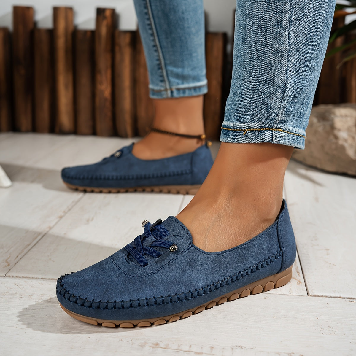 Momount Women Moccasin Loafers – Suede Hand-Stitched Slip-On Elastic Comfort