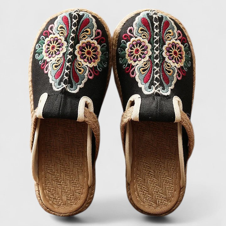 Momount Women Embroidered Mules – Floral Canvas Jute Sole Slip-On Closed Toe