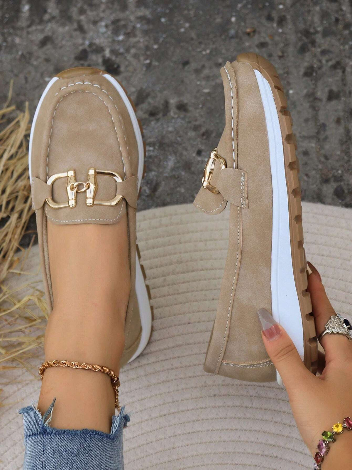 Momount Women Suede Loafers – Gold Horsebit Platform Slip-On Comfort