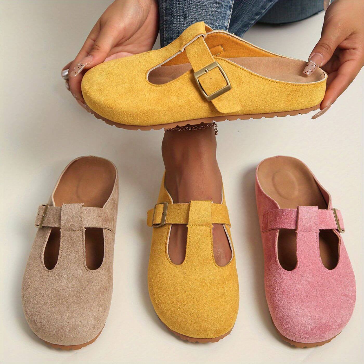 Momount Women T-Bar Suede Clogs – Buckle Mule Closed-Toe Cork Footbed