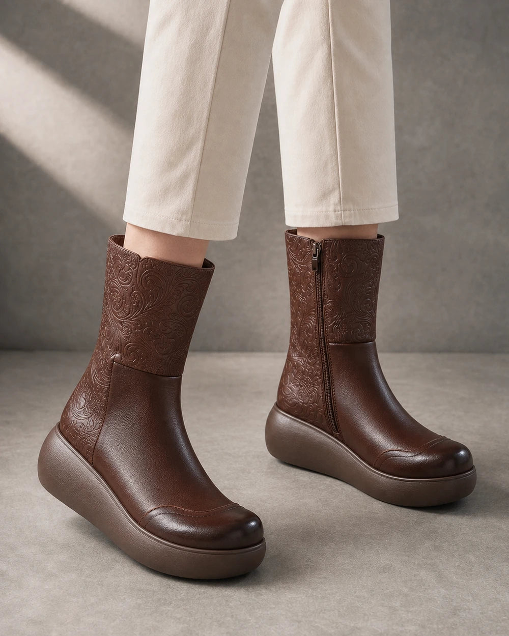 Vintage Embossed Platform Ankle Boots, brown hero. — beverly-brown-08-variant-hero.webp