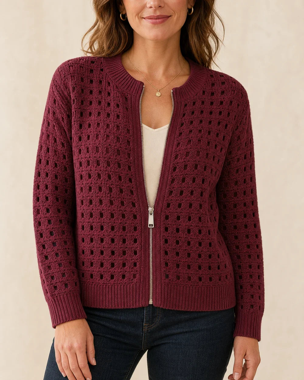 Desiree openwork zip cardigan for women, burgundy colourway
