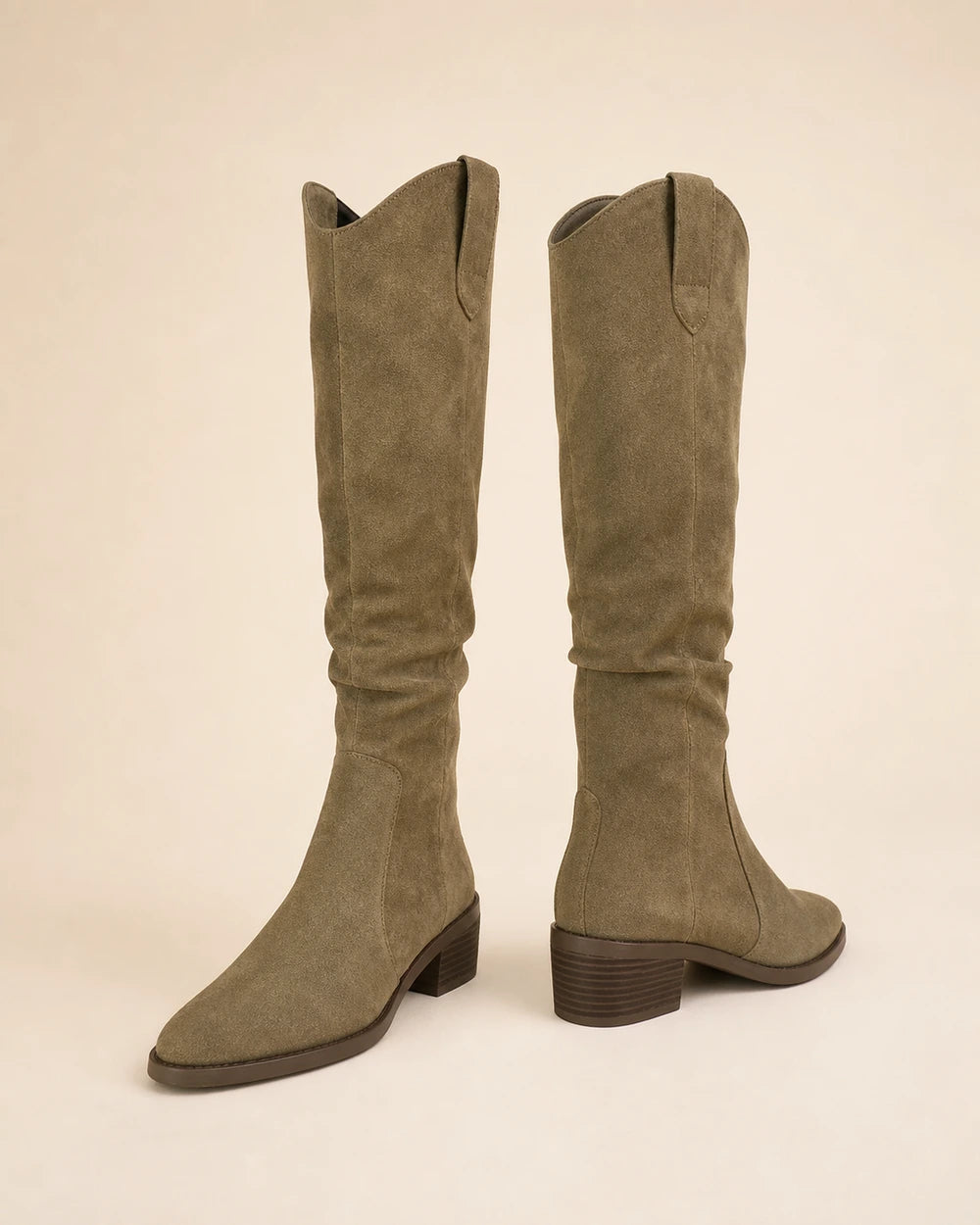 Women's beige Elise suede-effect knee-high boots, product-only pair.