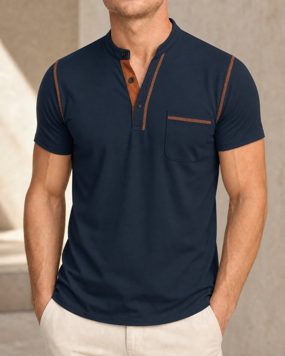 Momount Men Polo Shirt – Band Collar Contrast Trim Chest Pocket — Dark Blue — front color view — momount-men-band-collar-polo-dark-blue-13-variant.webp