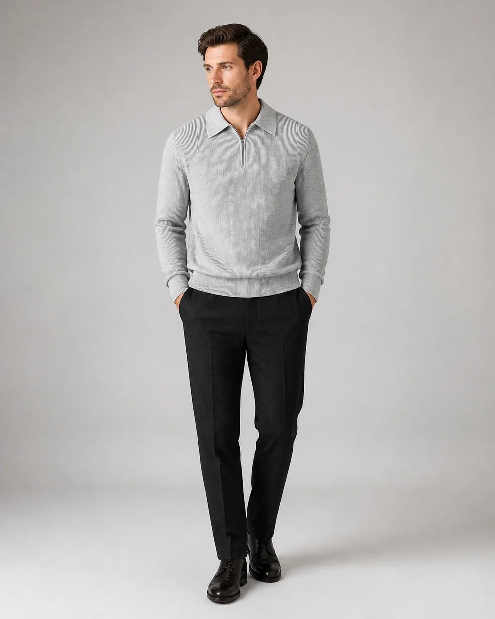 Grey quarter-zip knit sweater for men, hero view.