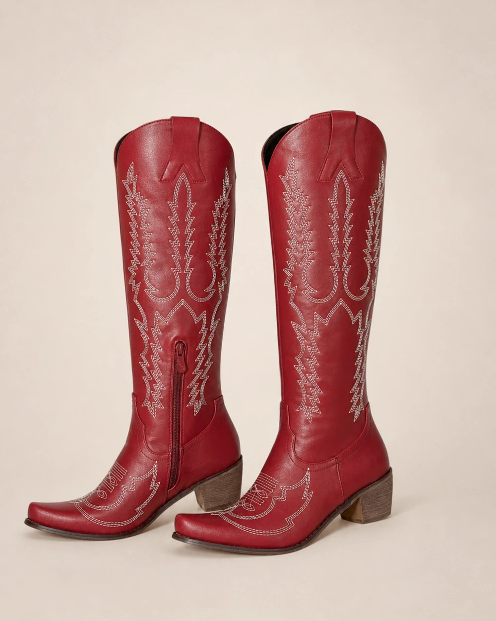 Momount Women Embroidered Western Knee-High Boots, red, variant hero.