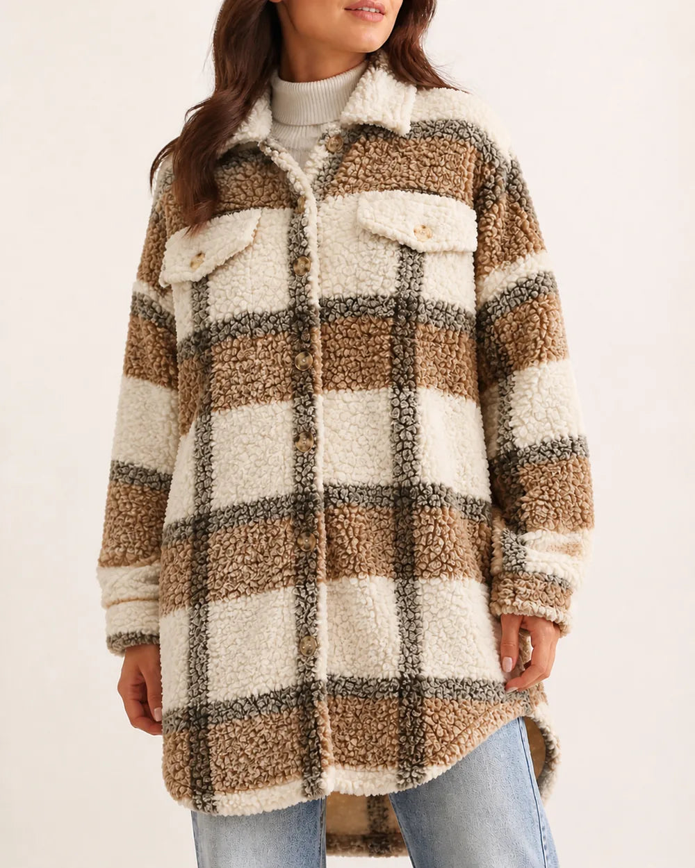 Brown checked teddy shirt coat worn, color view.