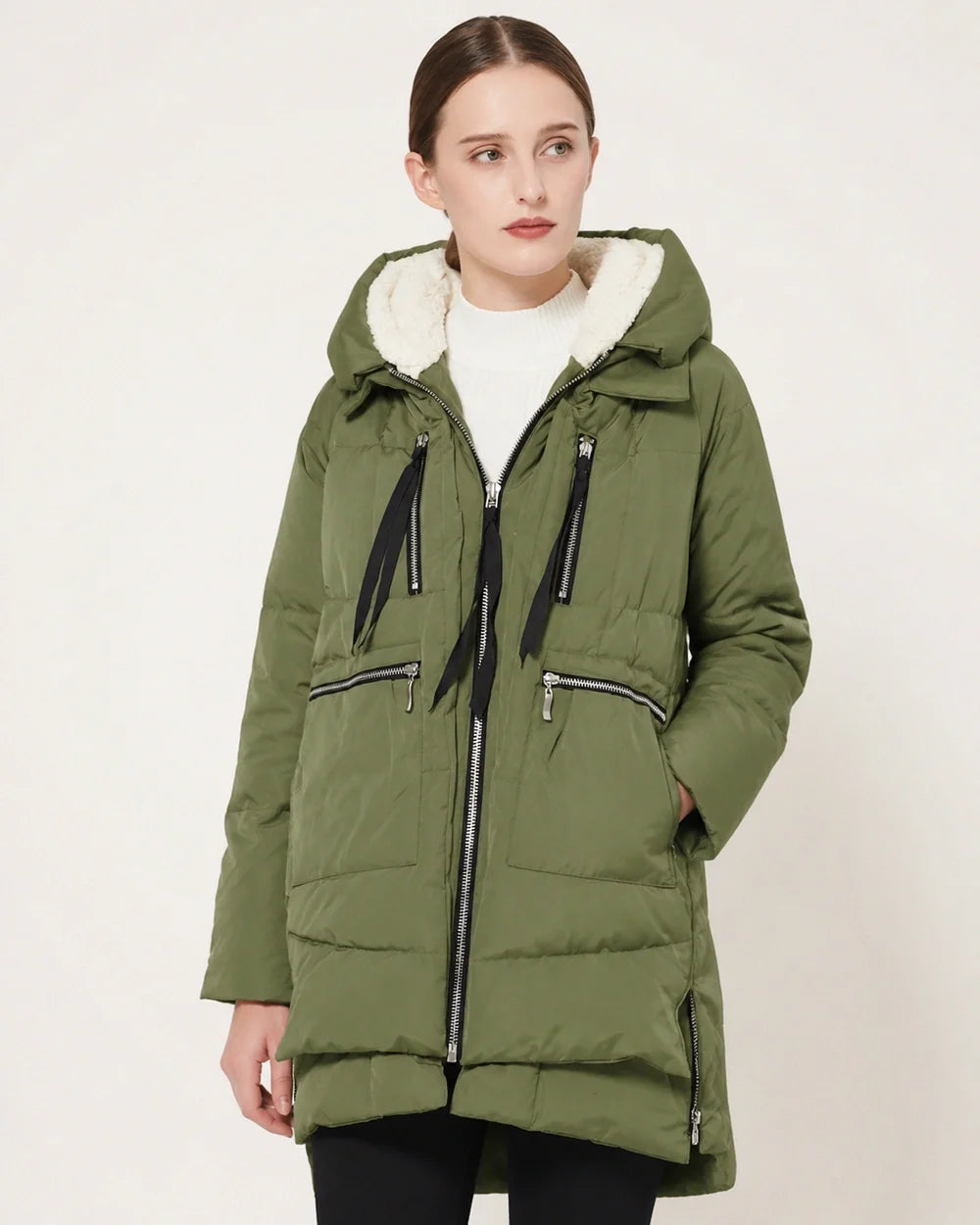 Momount women mid length fleece lined hooded puffer green