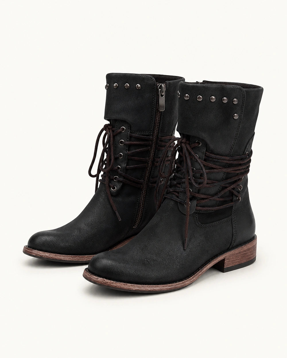 Momount Women Vintage Lace-Up Mid-Calf Boots – Studded Collar, Low Heel, black, variant hero.