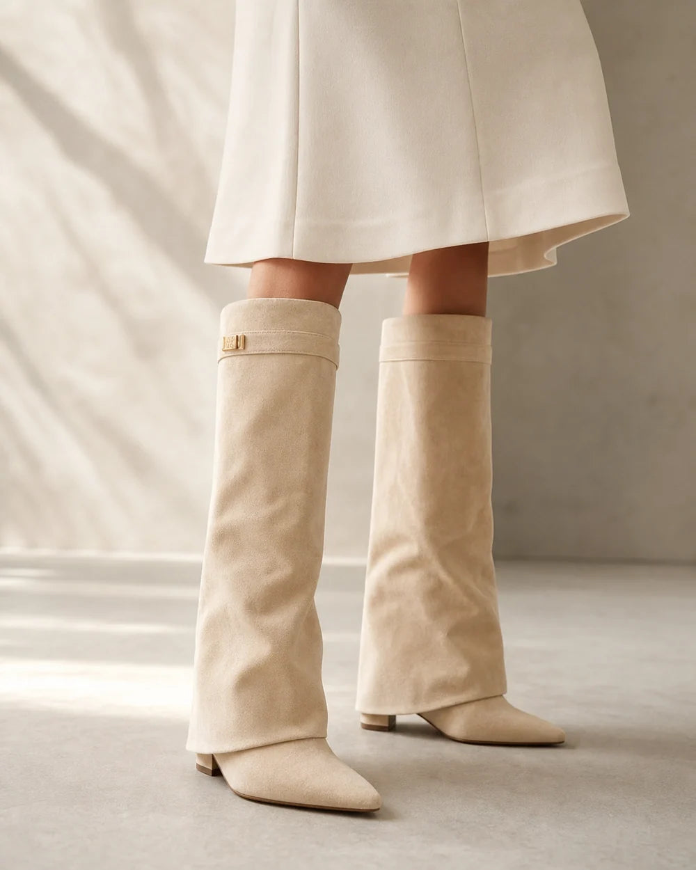 Momount Women Wide-Bell Suede Pointed Boots – Beige hero