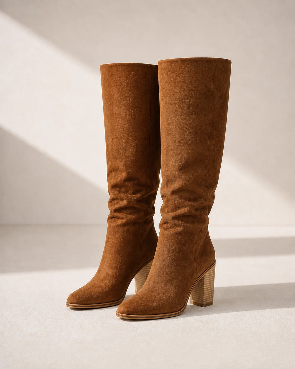 Women's brown suede-effect knee-high boots, product-only pair.