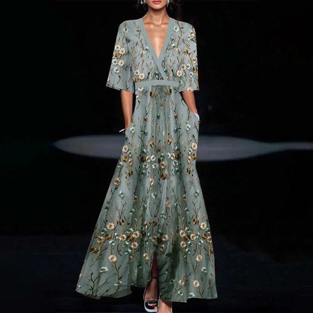 Fiorella | Boho Floral V Neck Long Sleeve Flowy Spring Maxi Dress