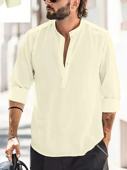 Momount Men Linen Henley Shirt – Long Sleeve Stand Collar Summer
