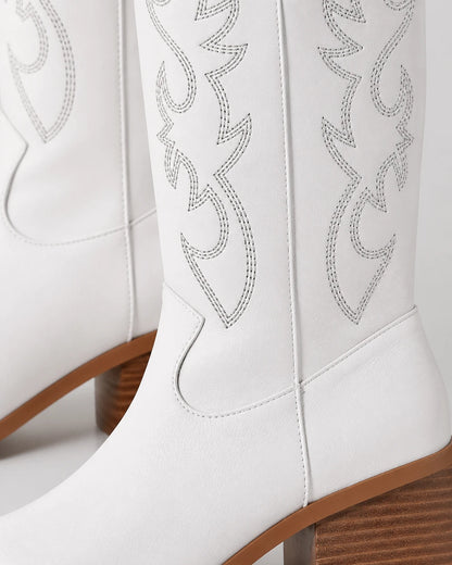Exact plain white embroidered Western knee-high boots, construction detail.
