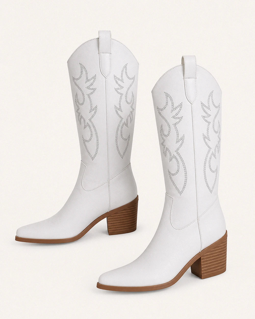 Exact plain white embroidered Western knee-high boots, product-only pair.
