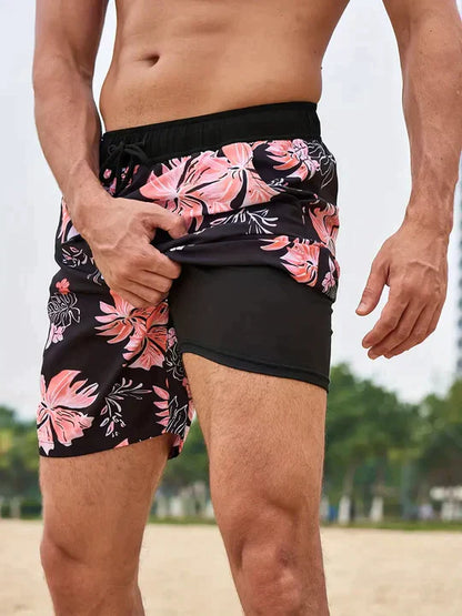 Bañadores de Hombre – Bañador Azul Marino con Estampado de Palmeras y Forro de Malla