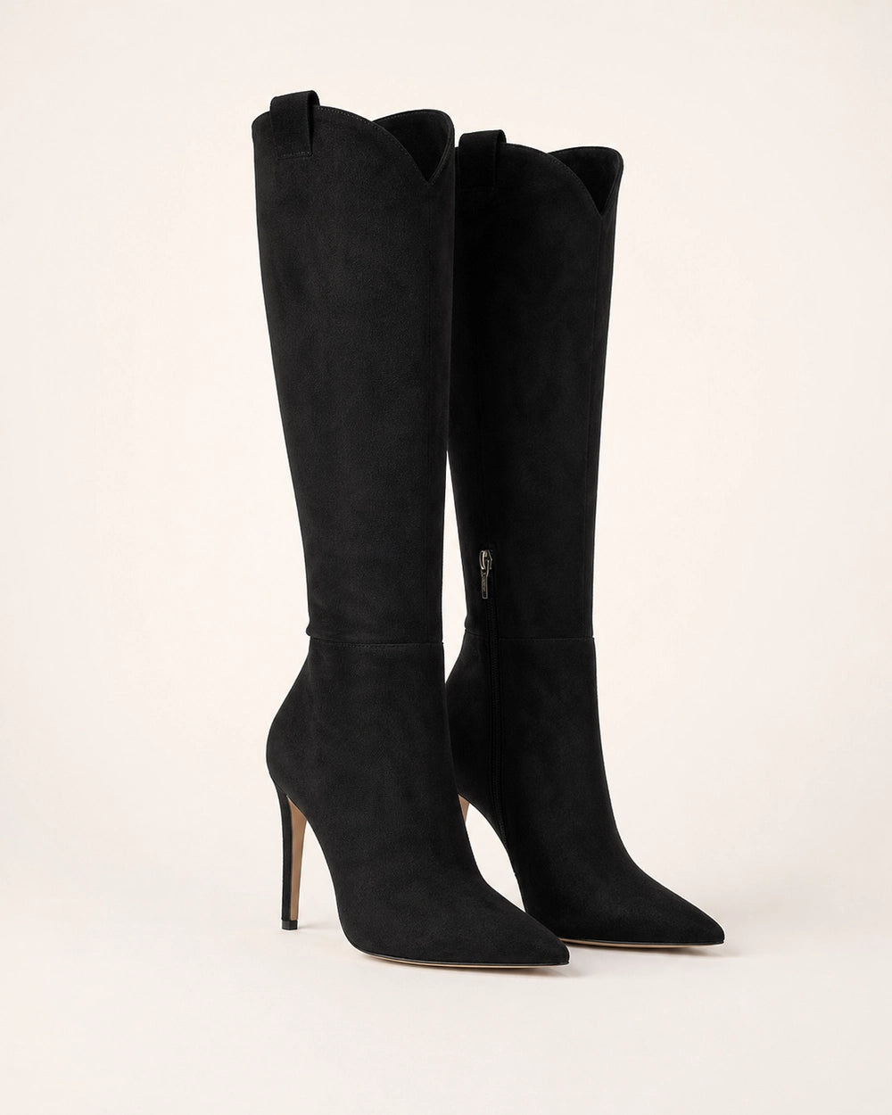 Women's black suede pointed-toe knee-high boots with a high stiletto heel.