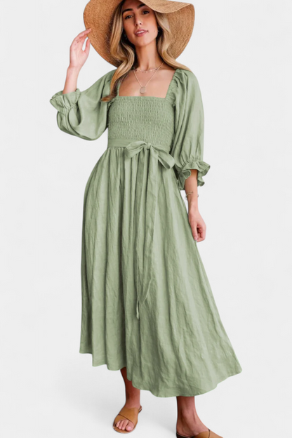 Momount Women’s Summer Midi Dress – Cut Out Puff Sleeve A-line Flowy Beach Dress