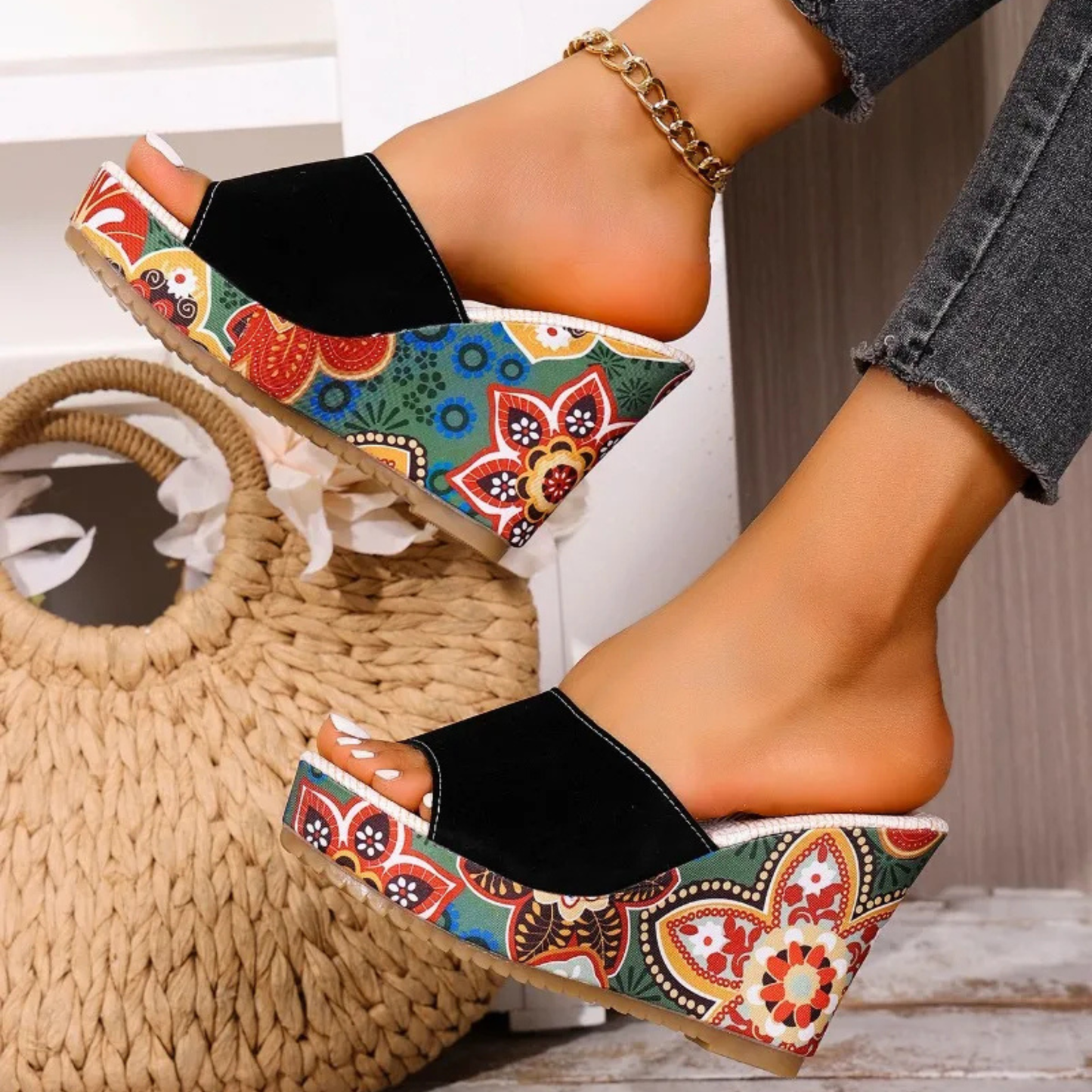 Sandalias de Cuña de Mujer – Ante Estampado Floral Plataforma Slide Boho