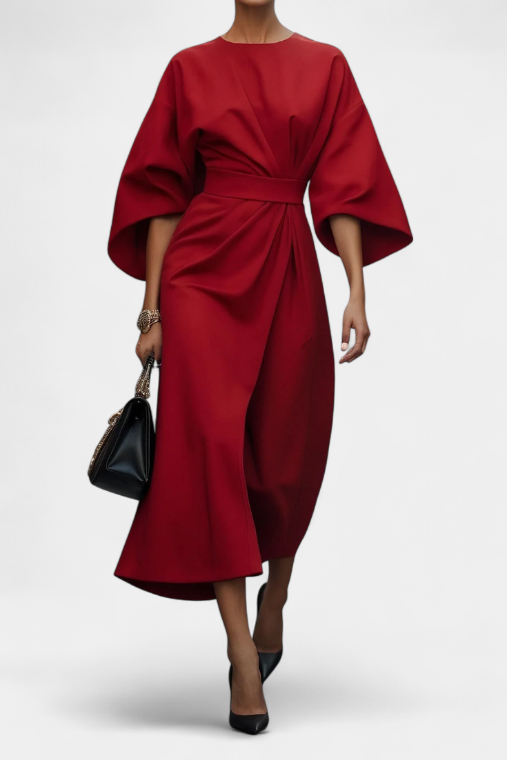 Momount Women’s Work Midi Dress – Belted Loose Fit Wide Sleeve Elegant Office Dress
