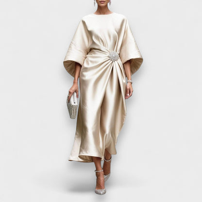 Momount Women’s Satin Midi Dress – Draped Batwing Elegant