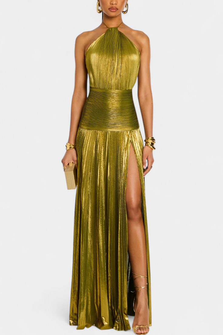 Evangelia | Vestido Largo Halter Metálico con Volantes Elegante