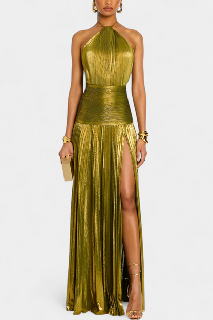 Evangelia | Vestido Largo Halter Metálico con Volantes Elegante