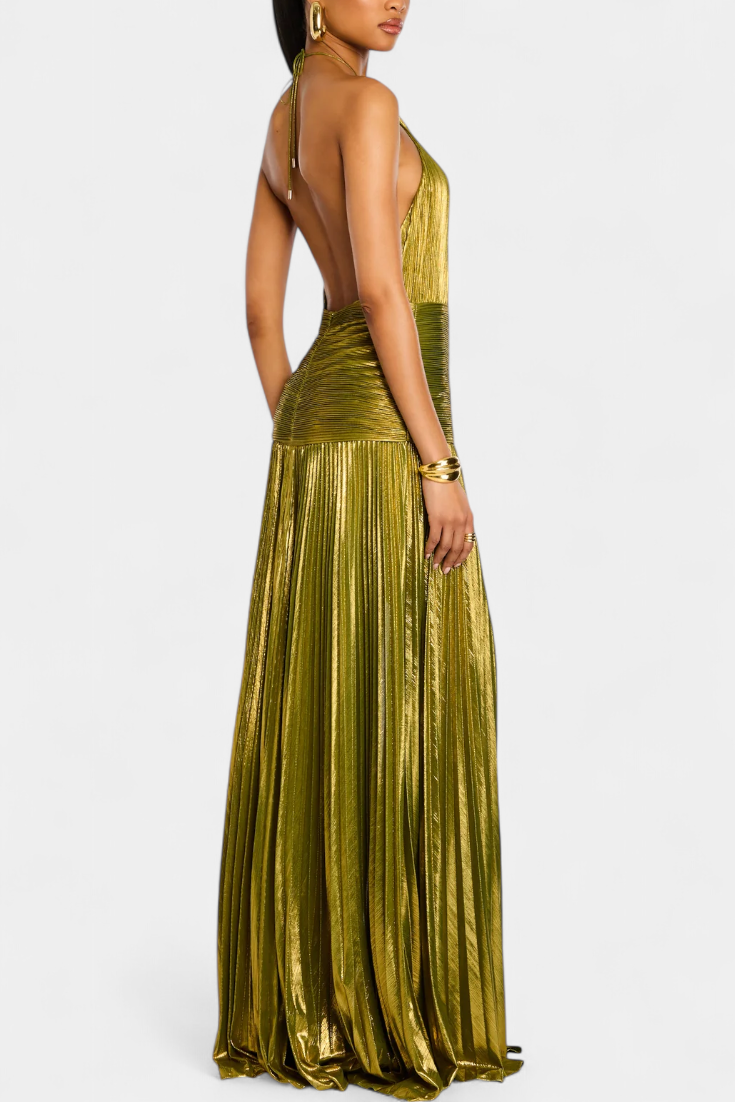 Evangelia | Vestido Largo Halter Metálico con Volantes Elegante