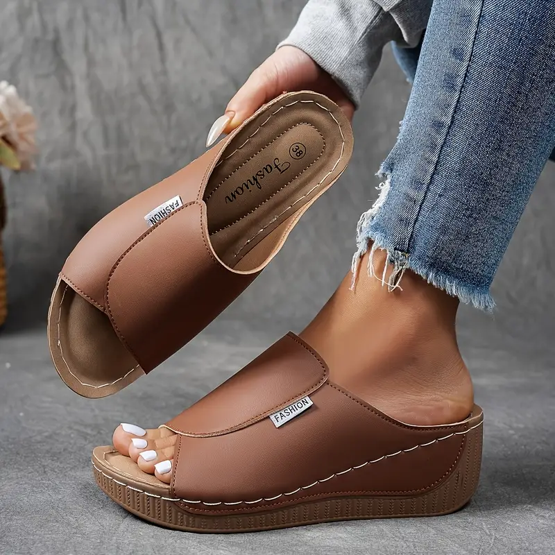 Sandalias de Cuña Plataforma de Mujer – Mules Cuero Marrón Punta Abierta