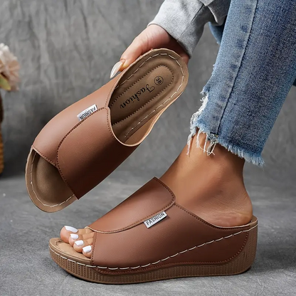 Sandalias de Cuña Plataforma de Mujer – Mules Cuero Marrón Punta Abierta