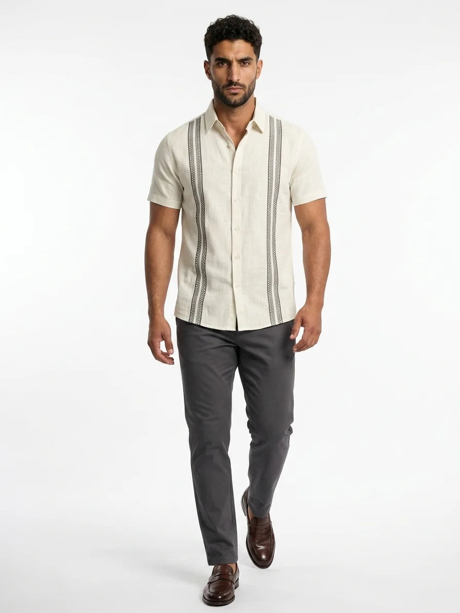 Momount Men Guayabera Linen Shirt – Long Sleeve Embroidered Panels Beach - Ivory - front