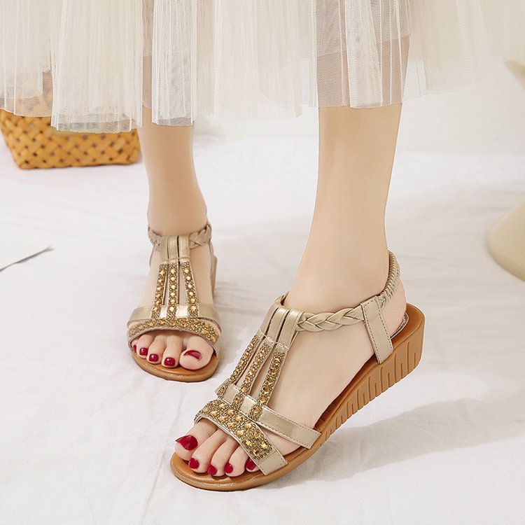Sandalias de Cuña de Mujer – Boho Strass Trenzadas Tira en T Verano