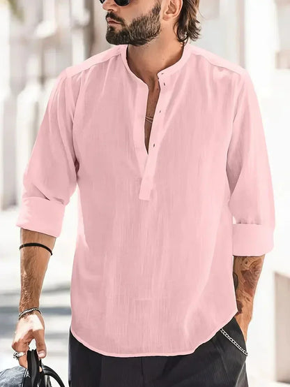 Momount Men Linen Henley Shirt – Long Sleeve Stand Collar Summer