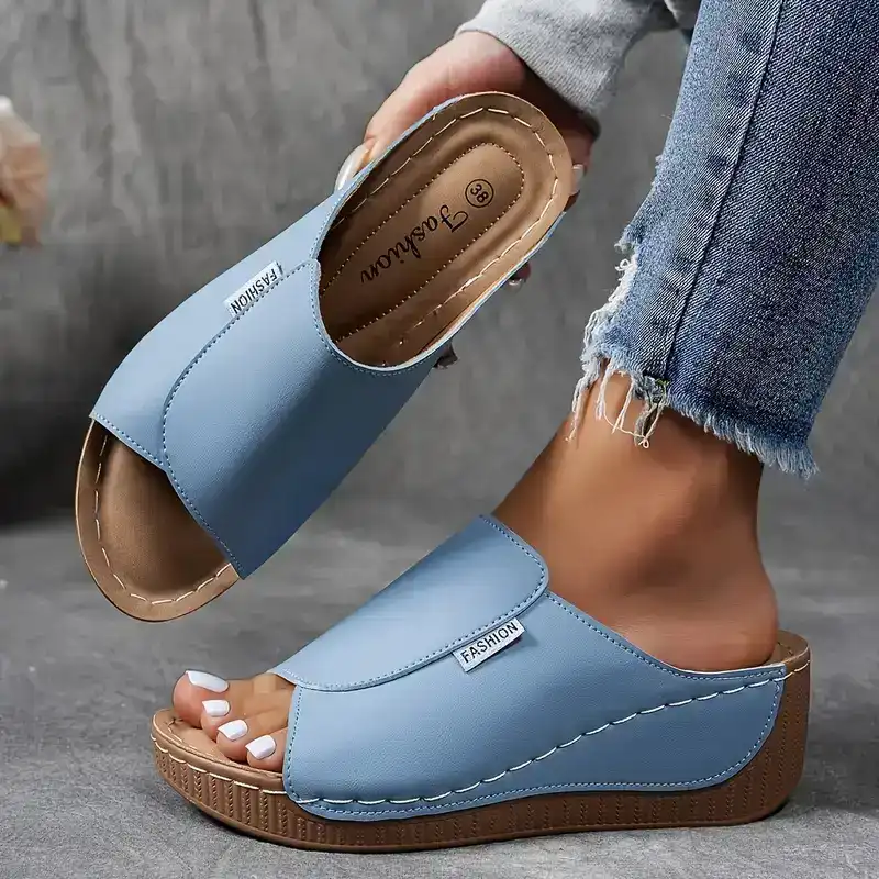 Sandalias de Cuña Plataforma de Mujer – Mules Cuero Marrón Punta Abierta
