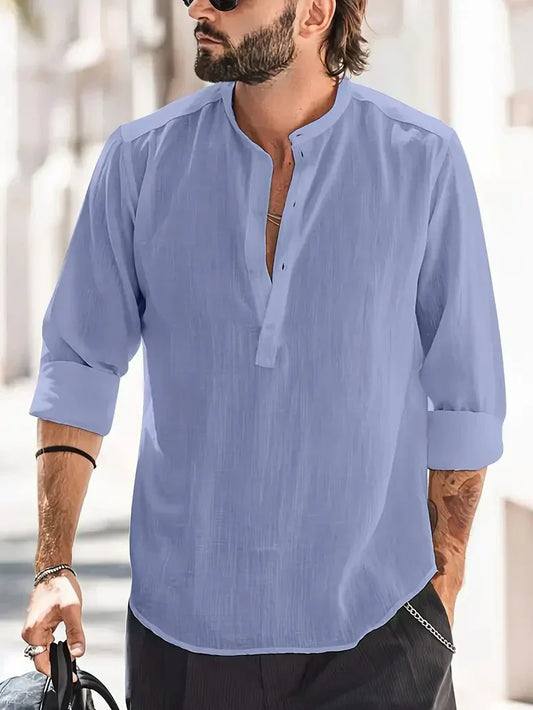 Momount Men Linen Henley Shirt – Long Sleeve Stand Collar Summer