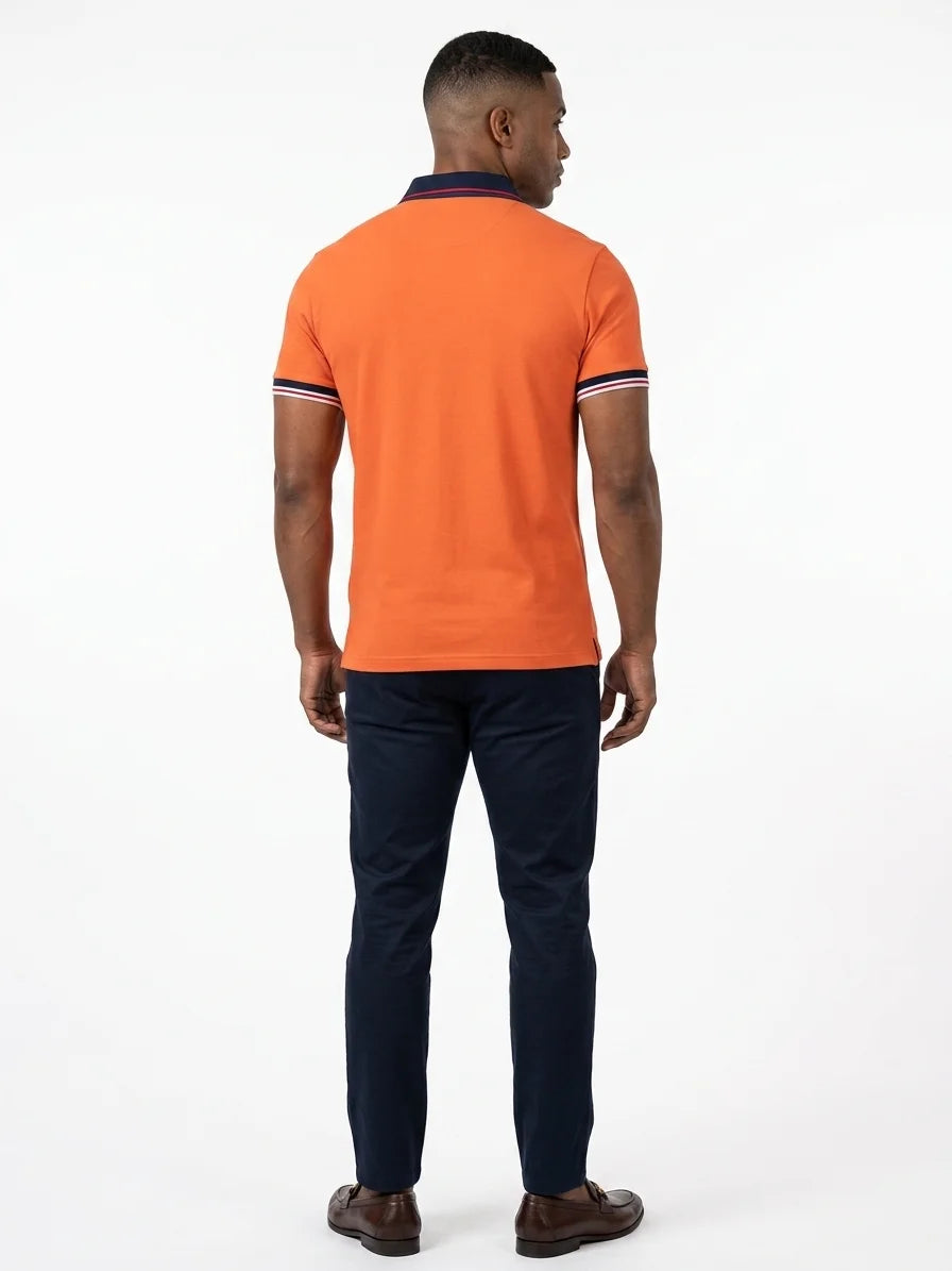 Momount Men Polo Shirt – Contrast Collar Striped Cuff Short Sleeve - Orange - back