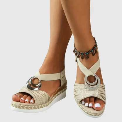 Sandalias de Cuña de Mujer – Espadrilles Rosa Empolvado Tiras Metalizadas