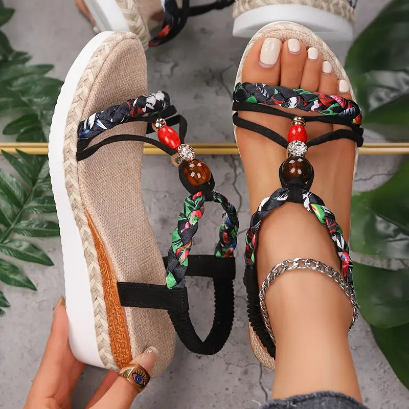 Sandalias de Cuña de Mujer – Espadrilles Boho Trenzadas Cuentas y Strass