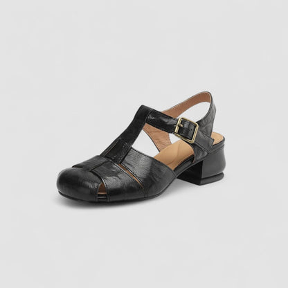 Momount Women Leather Sandals – Closed Toe Buckle Low Heel Vintage