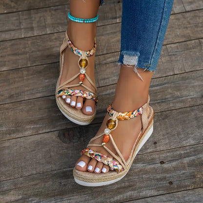 Sandalias de Cuña de Mujer – Espadrilles Boho Trenzadas Cuentas y Strass