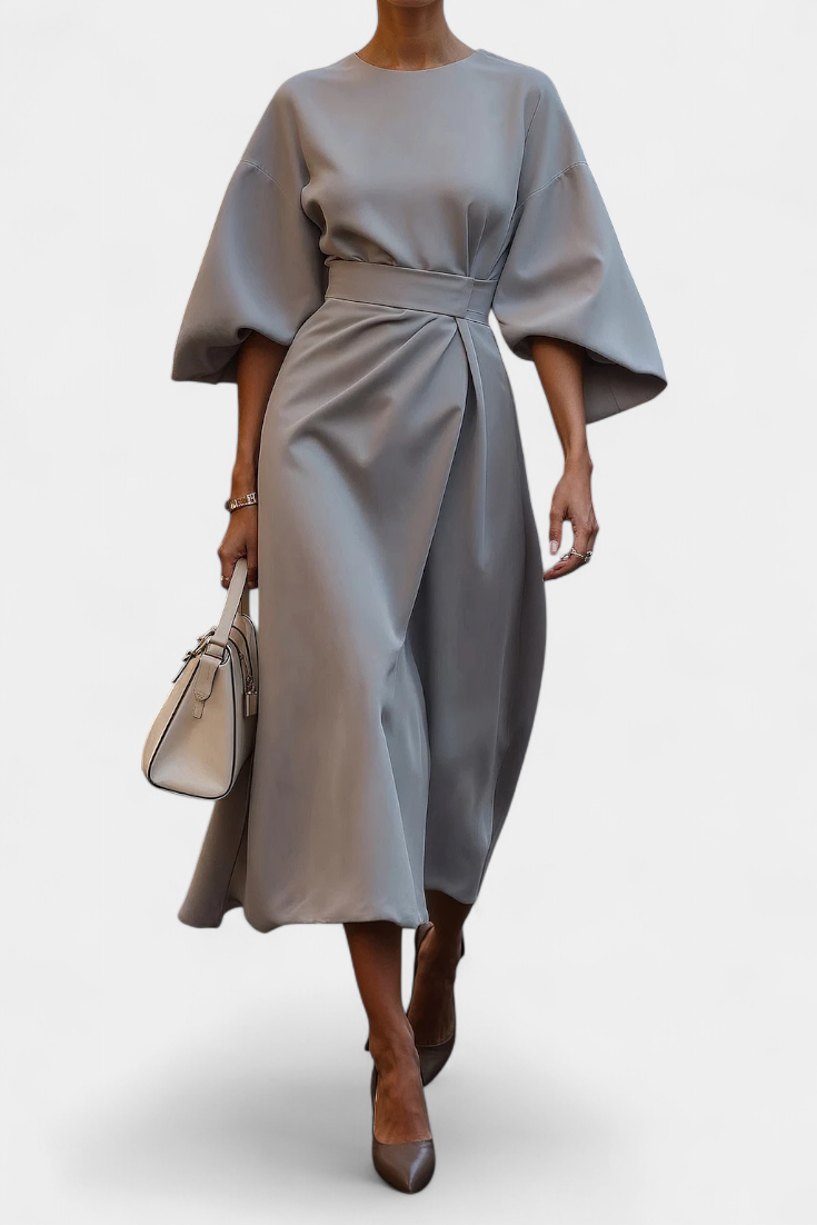 Momount Women’s Work Midi Dress – Belted Loose Fit Wide Sleeve Elegant Office Dress