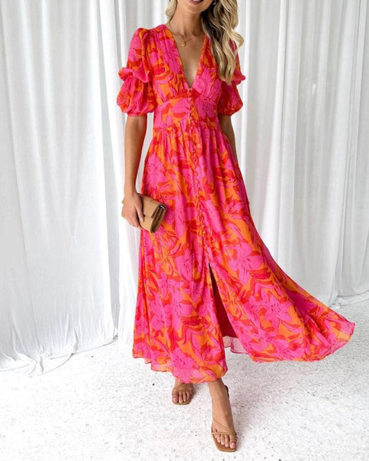 Vera Puff Sleeve Maxi Dress | Printed, V-Neck, Flowing