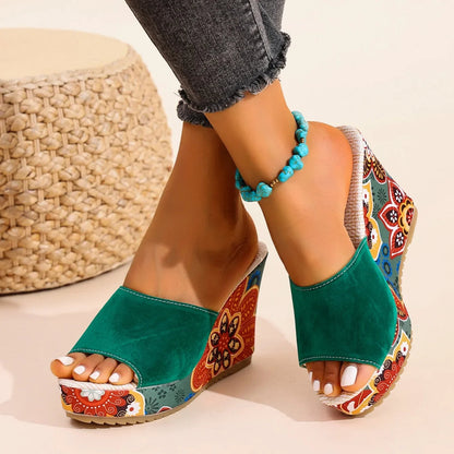 Sandalias de Cuña de Mujer – Ante Estampado Floral Plataforma Slide Boho