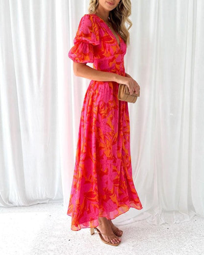 Vera Puff Sleeve Maxi Dress | Printed, V-Neck, Flowing
